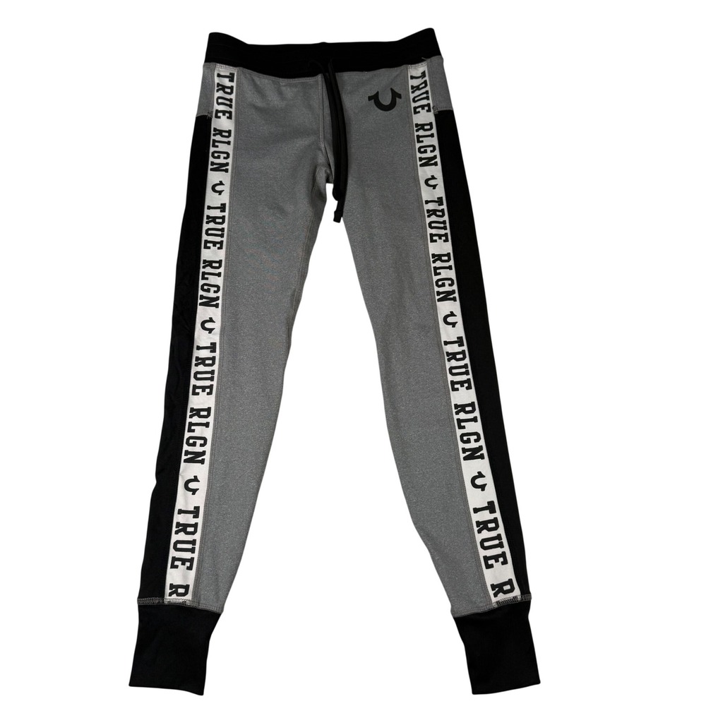 True Religion Jogger Leggings Womens XS Gray Black Polyester Logo Tape Gorpcore